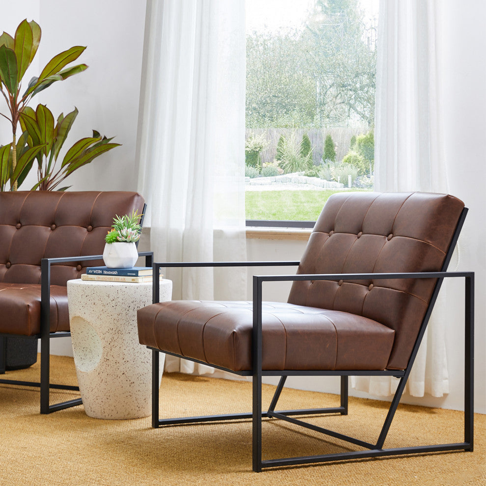 Modern Leatherette Accent Armchair With Black Metal Frame, Set of 2, Brown