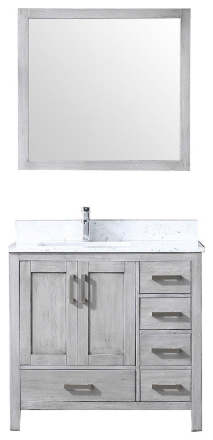 36" Single Vanity With Carrera Marble Top, Sink and 34" Mirror, Distressed Gray