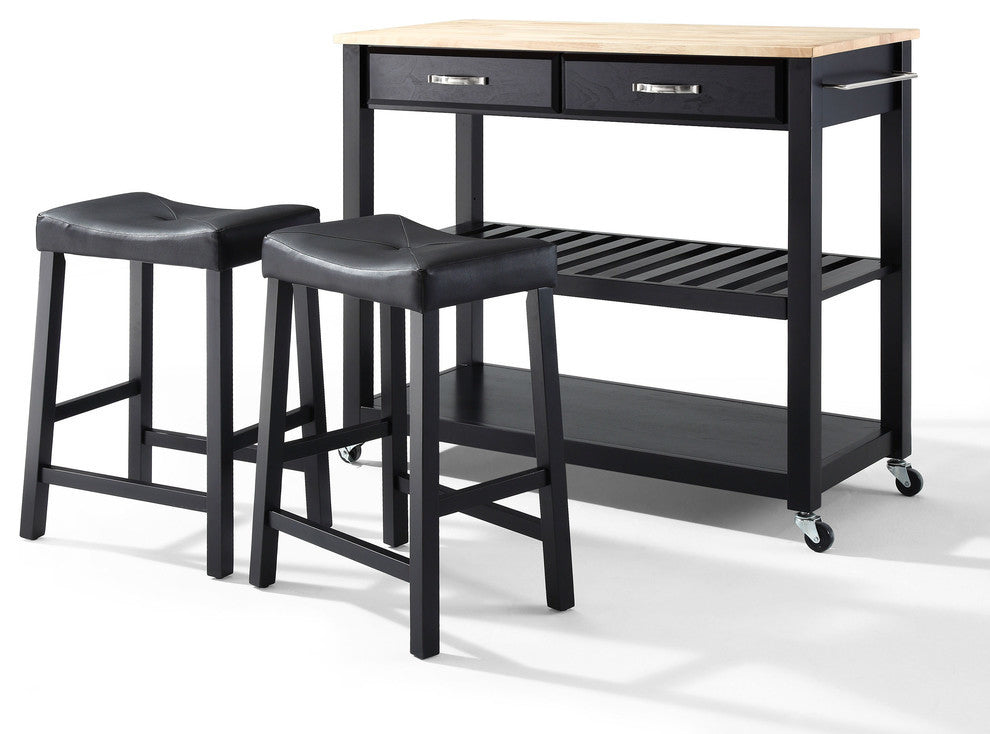 Natural Wood Top Kitchen Cart/Island in Black Finish With 24" Upholstered Saddl