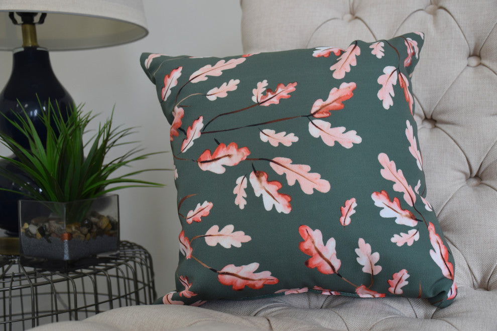 16" Wild Oak Leaves Dark Green Floral Print Decorative Throw Pillow