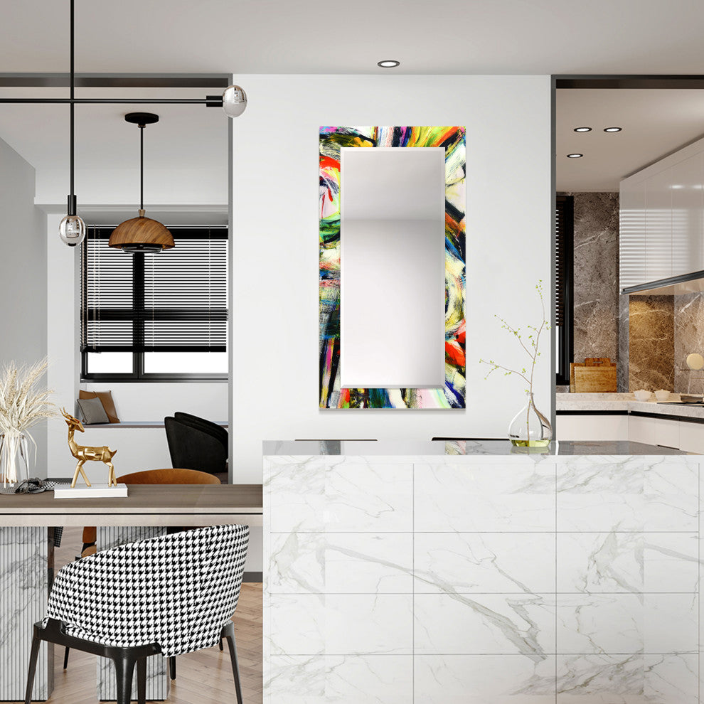 "Rock Star" Beveled Mirror on Printed Abstarct Tempered Art Glass, 54x28"