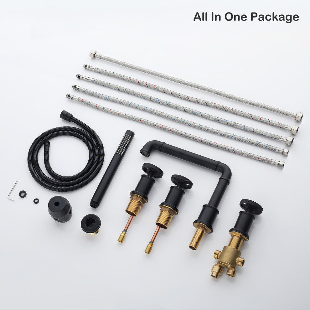 Modern 3-Handle Deck Mounted Roman Tub Faucet With Handshower, Matte Black