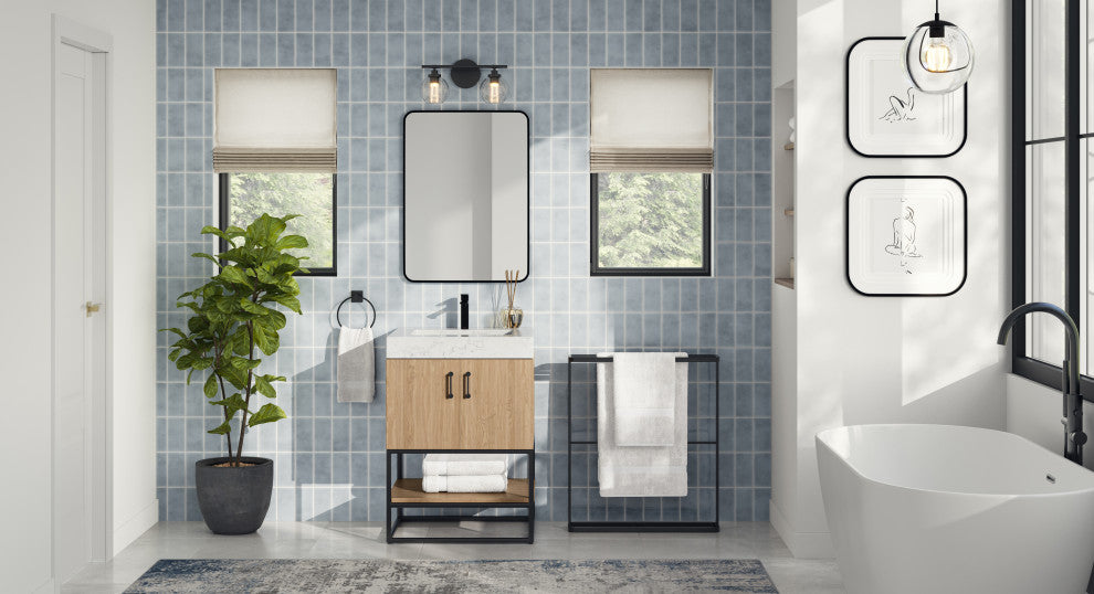 Bahia Bath Vanity, Oak, 24", Matte Black Hardware, Single, Freestanding