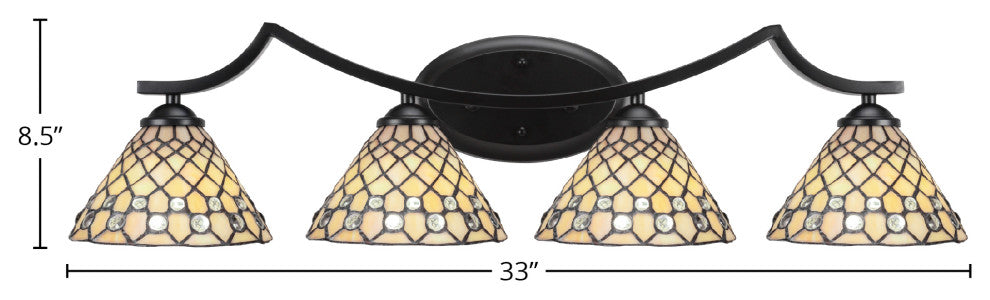 Zilo 4 Light Bath Bar Shown, Matte Black Finish With 7" Starlight Art Glass