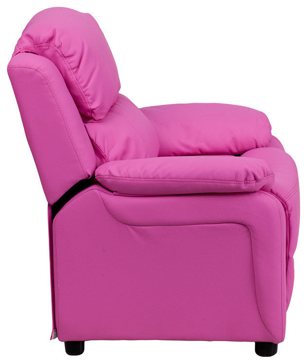 Deluxe Padded Hot Pink Vinyl Kids Recliner with Storage Arms