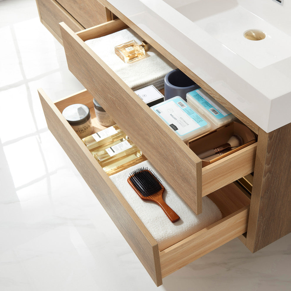 Palencia Floating Bath Vanity With Composite Stone Top, North American Oak, 72", With Mirror