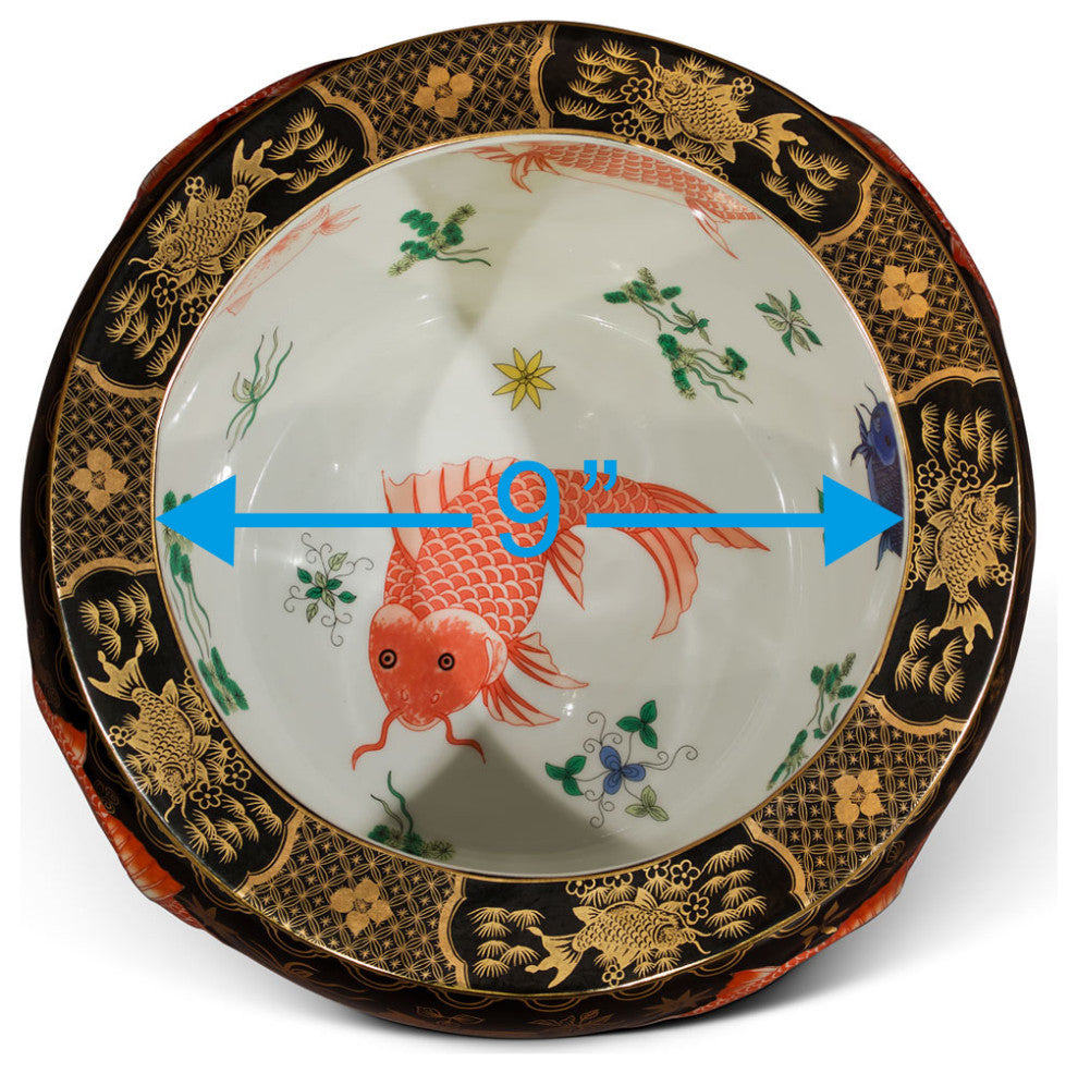 12 Inch Porcelain Koi Fish Motif Chinese Fishbowl Planter, With Stand