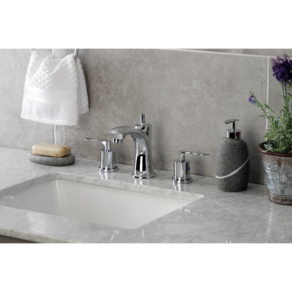 Two-Handle 3-Hole Deck Mount Widespread Bathroom Faucet With Drain, Chrome
