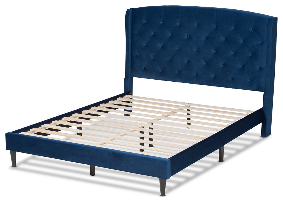 Neda Modern Upholstered Platform Bed, Navy Blue/Dark Brown, Queen