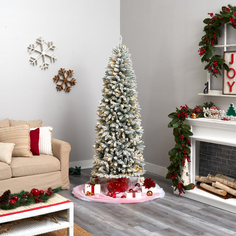 7' Slim Flocked Montreal Fir Artificial Christmas Tree, 300 Warm White LEDs