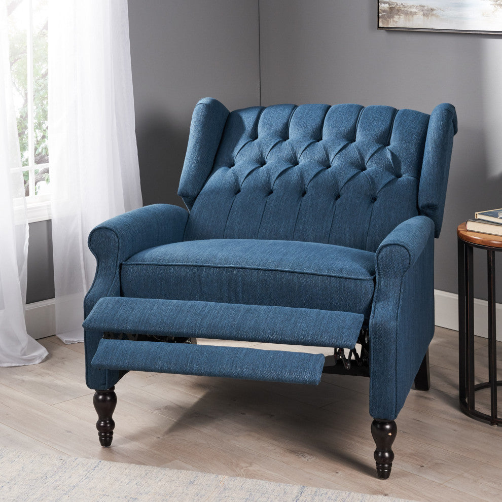 Salome Oversized Tufted Fabric Push Back Recliner, Navy Blue and Dark Brown