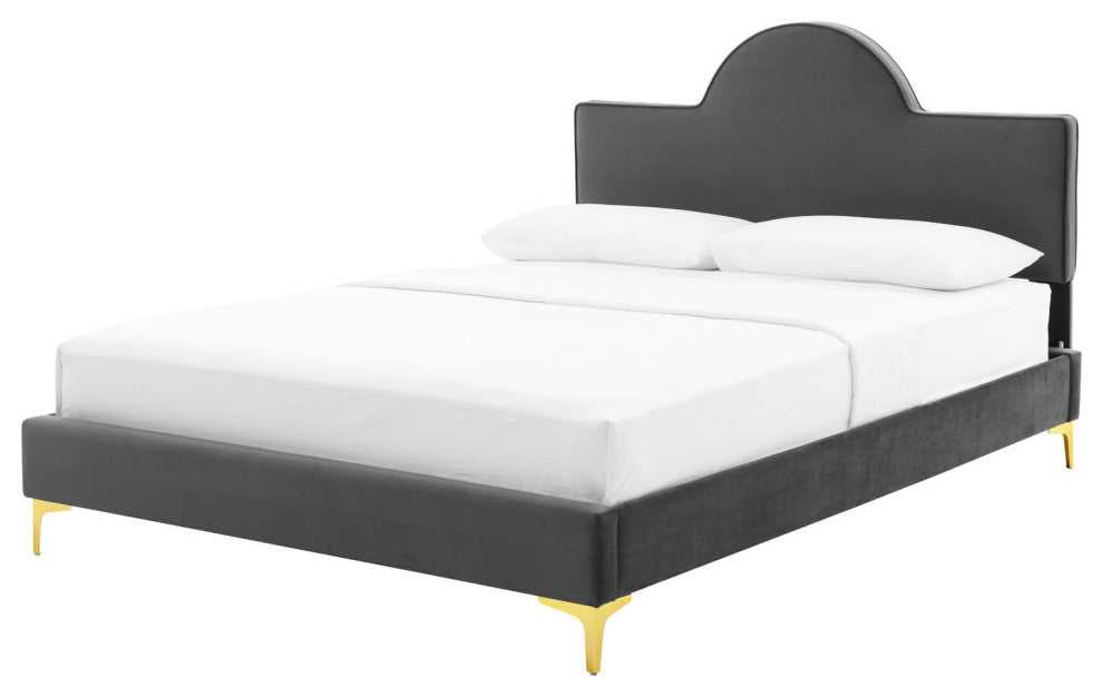 Platform Bed Frame, Queen Size, Charcoal Gray, Velvet, Modern, Guest Suite