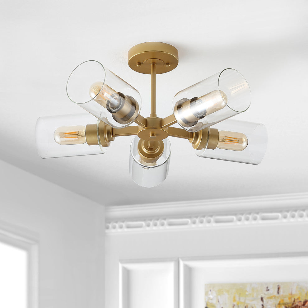 Jaynie 21.5" 5-Light Farmhouse Iron LED Semi Flush Mount, Brass Gold/Clear