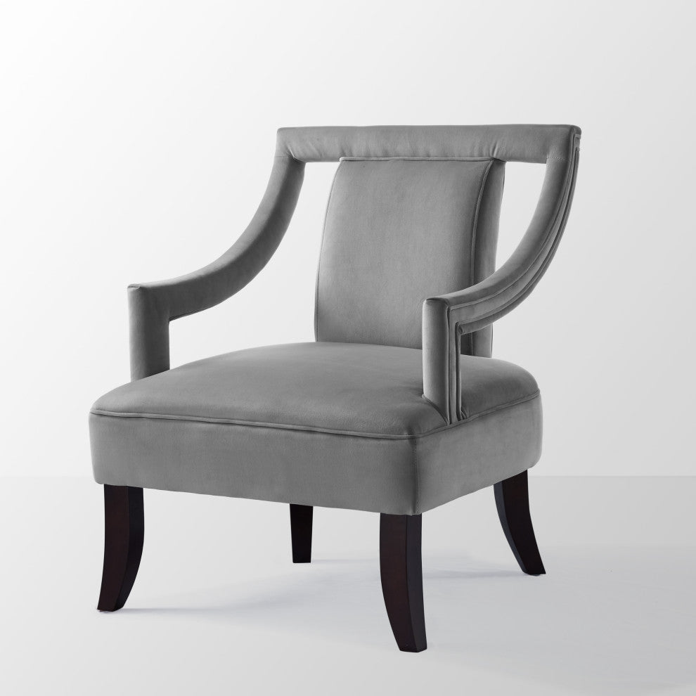 Avery Velvet Swoop Arm Square Back Open Sides Accent Chair, Gray
