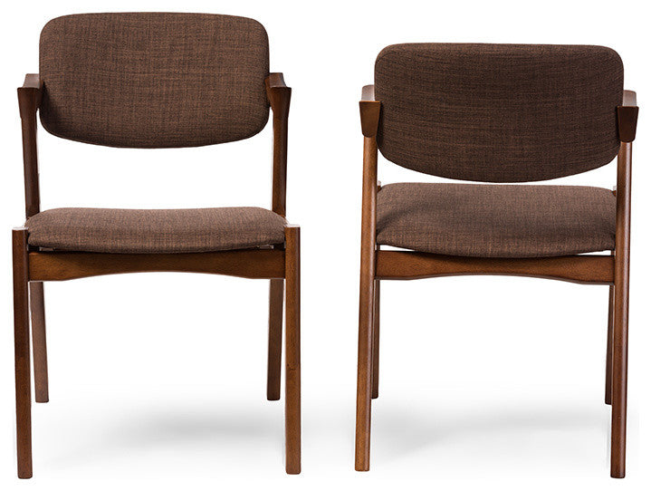 Elegant Dark Walnut Wood Brown Fabric Upholstered Dining Armchair, Set of 2