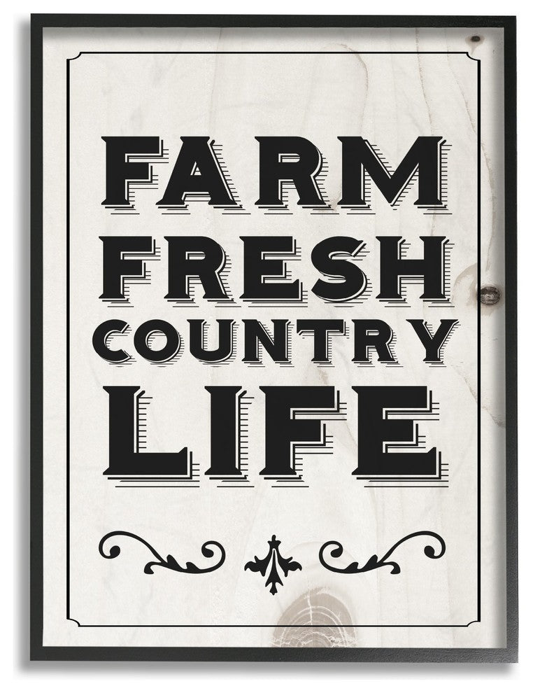 Black & White Farm Fresh Country Life Typography Framed Giclee Art, 11"x14"