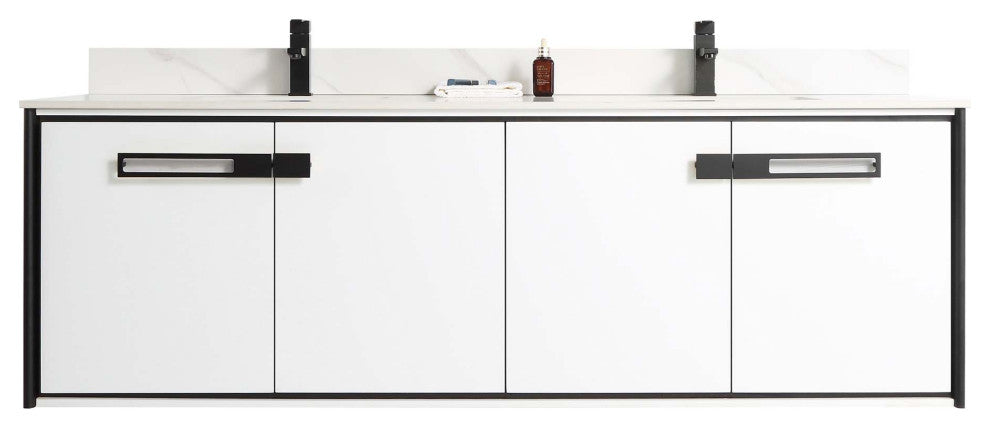 Oakville Wall Mount Bathroom Vanity, White Matte, 72", Black Hardware