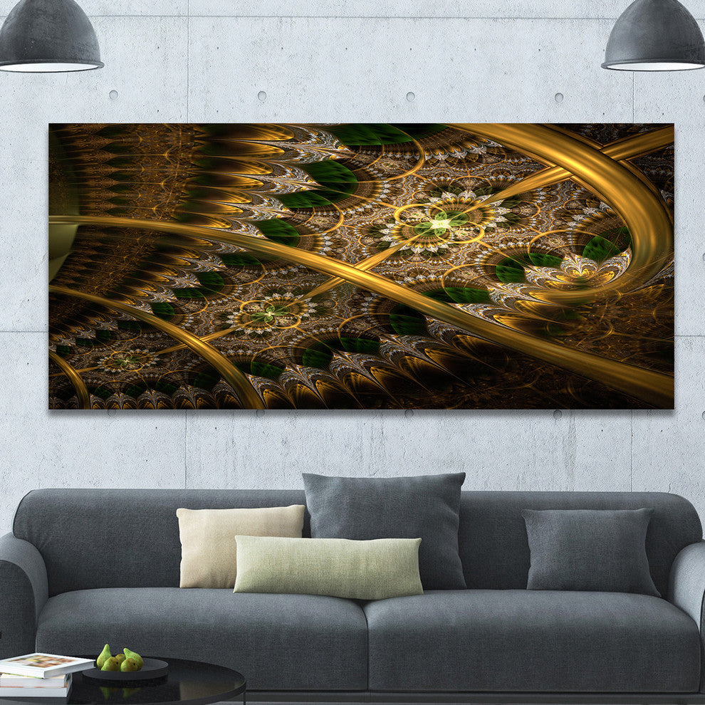 Dark Green Gold Fractal Flower, Oversized Abstract Canvas Art Print, 60x28