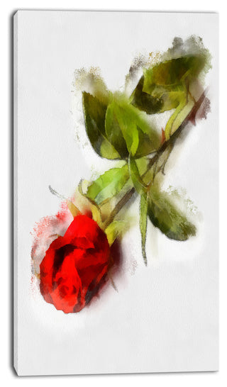 Red Rose with Stem Drawing, Flower Artwork on Canvas, 16"x32"