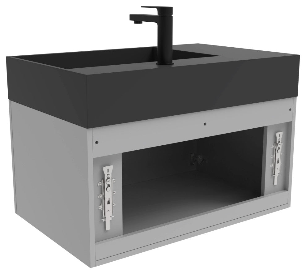 CastelloUSA Amazon 30" Right Wall Mounted Bathroom Vanity Set, Gray, Black Top, Black Handles
