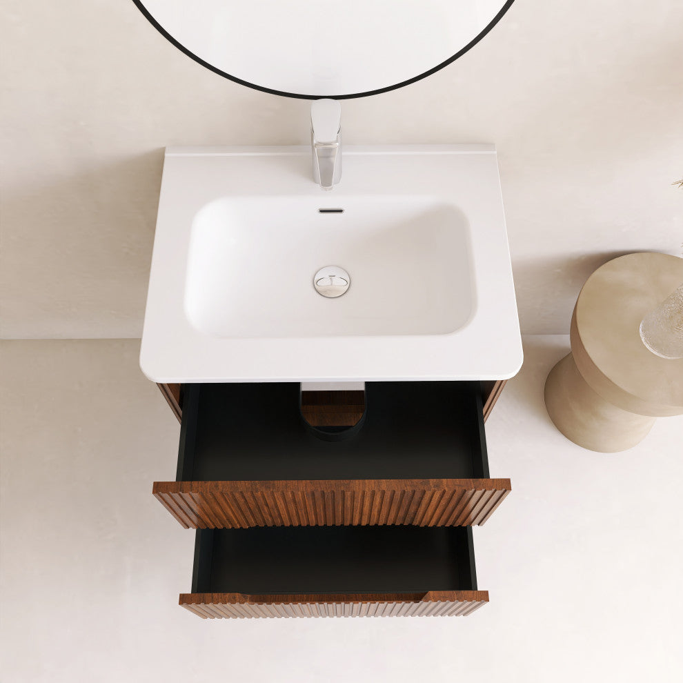24 inch Wall-Mounted Bathroom Vanity Set with Ceramic Integrated Sink, Walnut