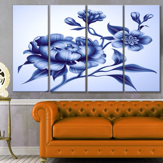 Blue Peony Rose and Sakura Flowers, Floral Canvas Art Print, 48"x28", 4 Panels