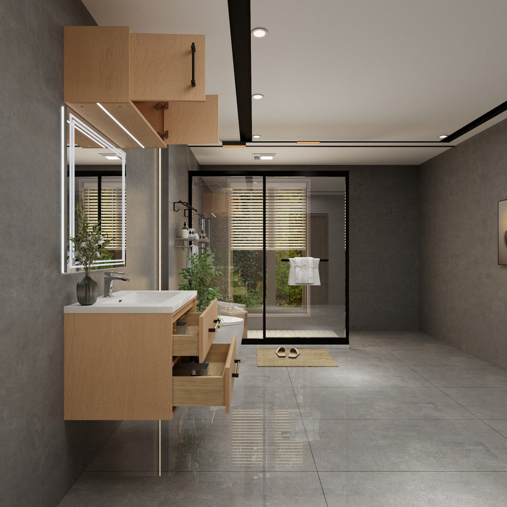 Victoria 30" Solid Wood Bath Vanity, Overhead Cabinet, Yellow Oak