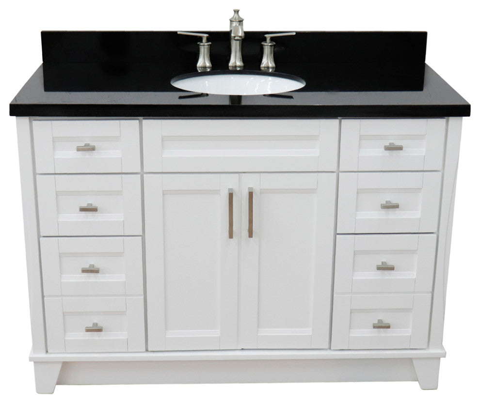 49" Single Sink Vanity, White Finish With Black Galaxy Granite And Oval Sink