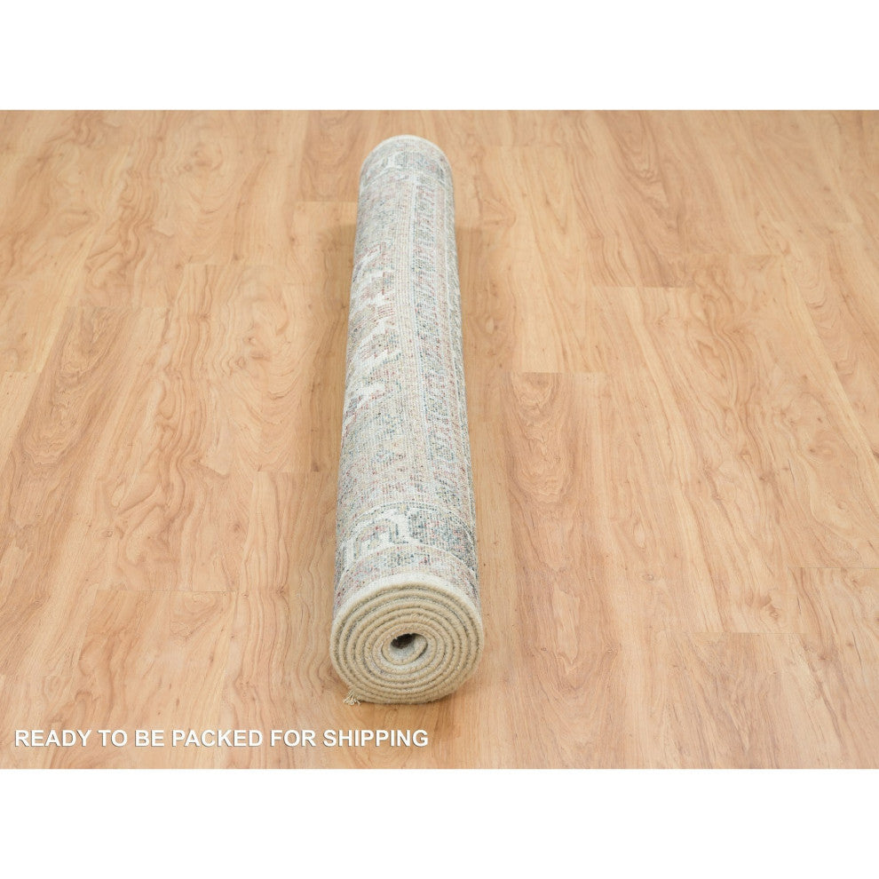 Ivory Shiraz Rosettes Flower Border Hand Knotted Wool Oriental Rug, 6'1"x9'
