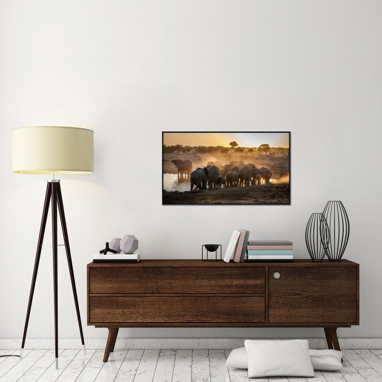 "Elephant Huddle" Framed Canvas Giclee by Simon Van Ooijen, 41x24"