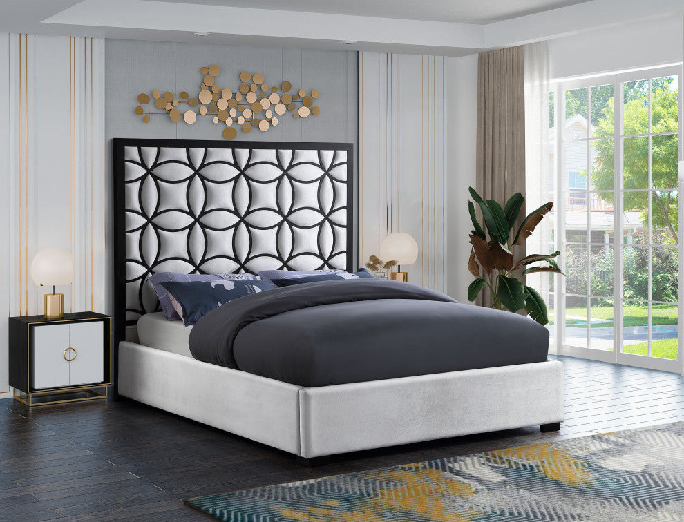 Taj White Velvet Bed With Matte Black Steel Frame and Legs, Queen