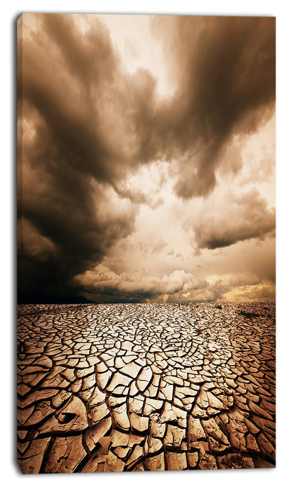 Cracked Drought Land with Dark Clouds, Oversized Landscape Canvas Art, 16"x32"
