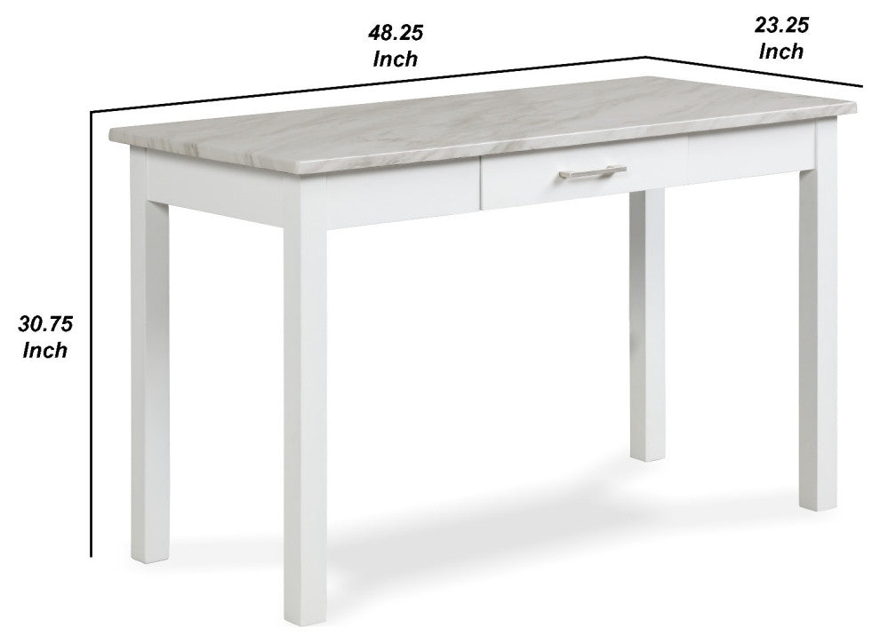 Benzara BM272065 Jay 48" Desk With Drawer and Faux Marble Top, White