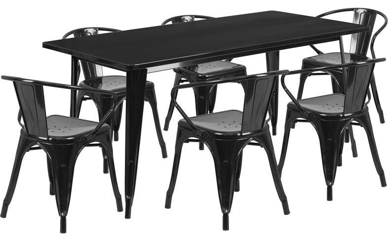 31.5''x63'' Rectangular Metal Indoor Table Set with 6 Arm Chairs, Black