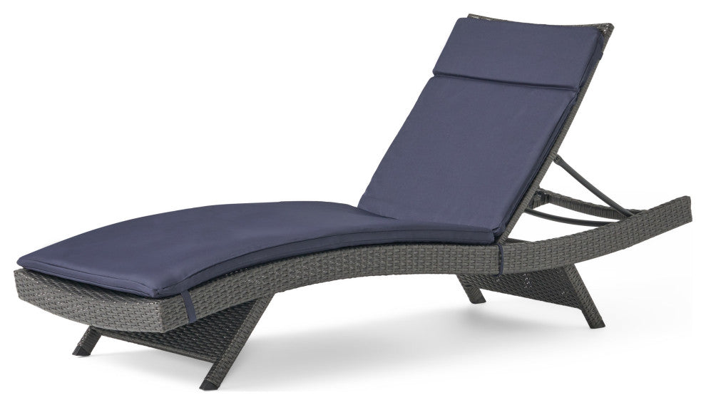 GDF Studio Nassau Outdoor Gray Wicker Chaise Lounge, Navy Blue Cushion