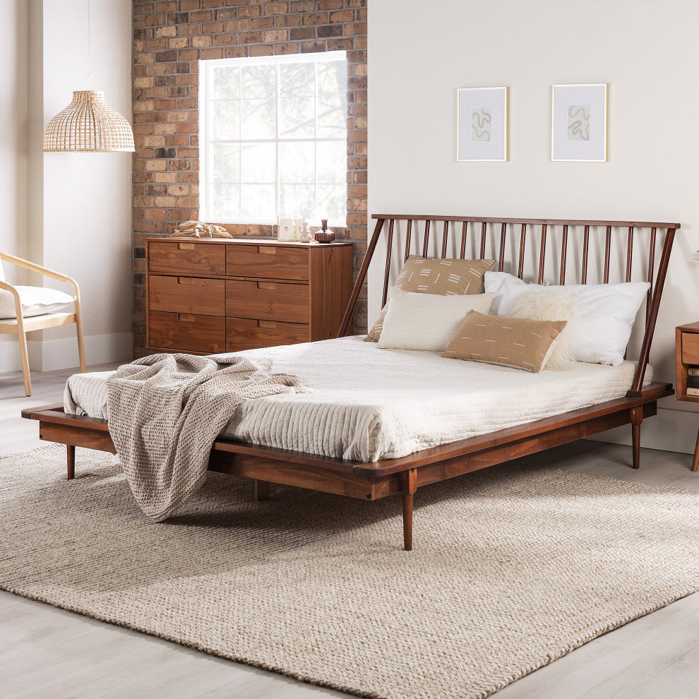 Queen Size Platform Bed, Pine Wood Construction With Spindle Headboard, Walnut