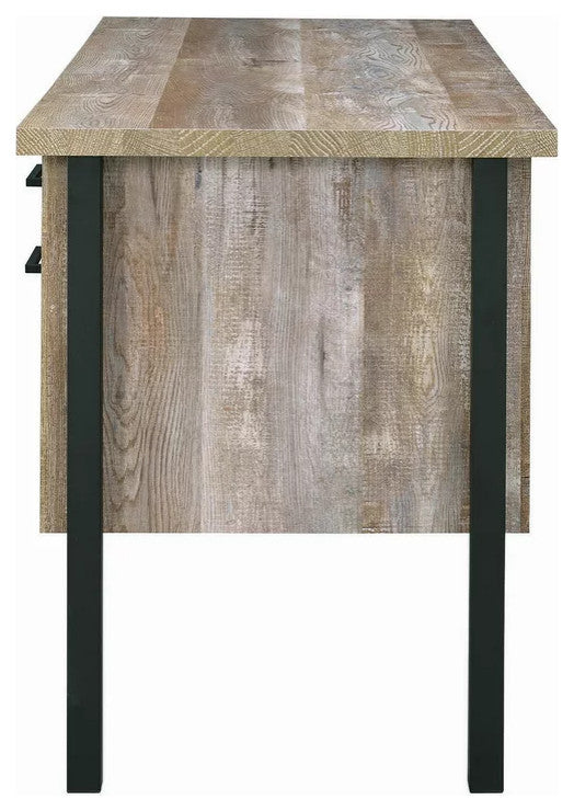 Rustic Desk, Spacious Rectangular Top With 4 Drawers & Cabinet, Weathered Oak