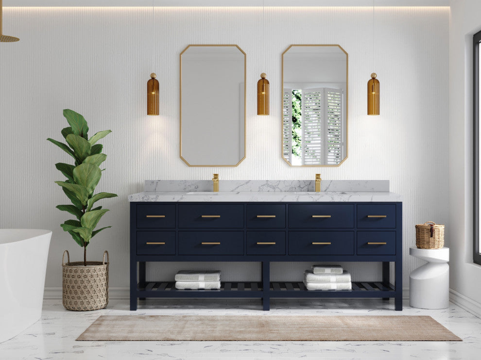 Parker 84" Double Sink Bath Vanity, Navy Blue 2" Venatino Quartz