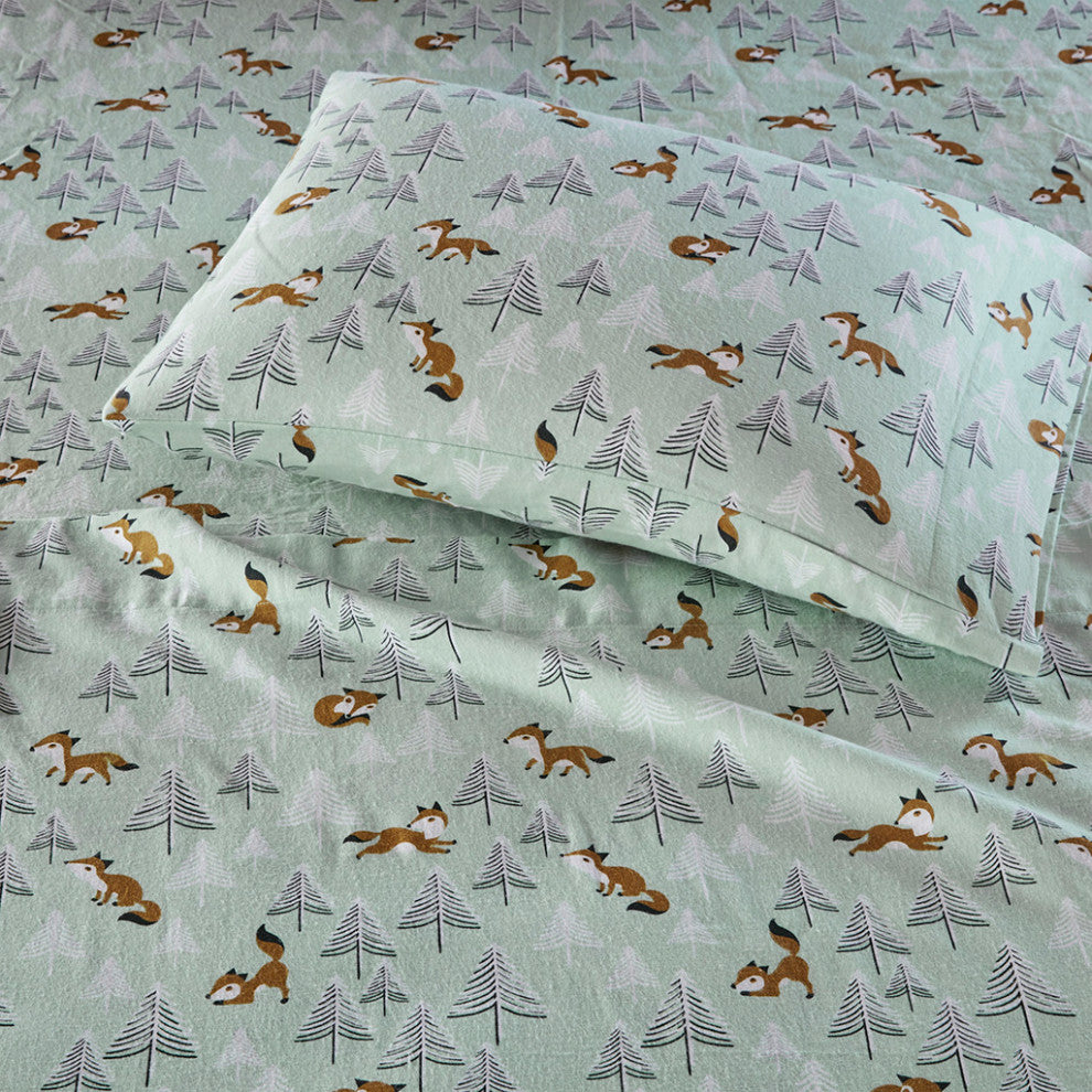 Intelligent Design Cozy Soft Cotton Flannel Printed Sheet Set, Seafoam Foxes