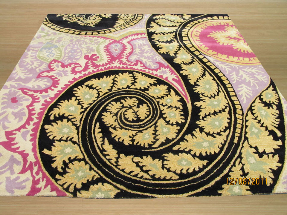Hand-Tufted Wool Black Contemporary Abstract Paisley Rug, 7'9 Square