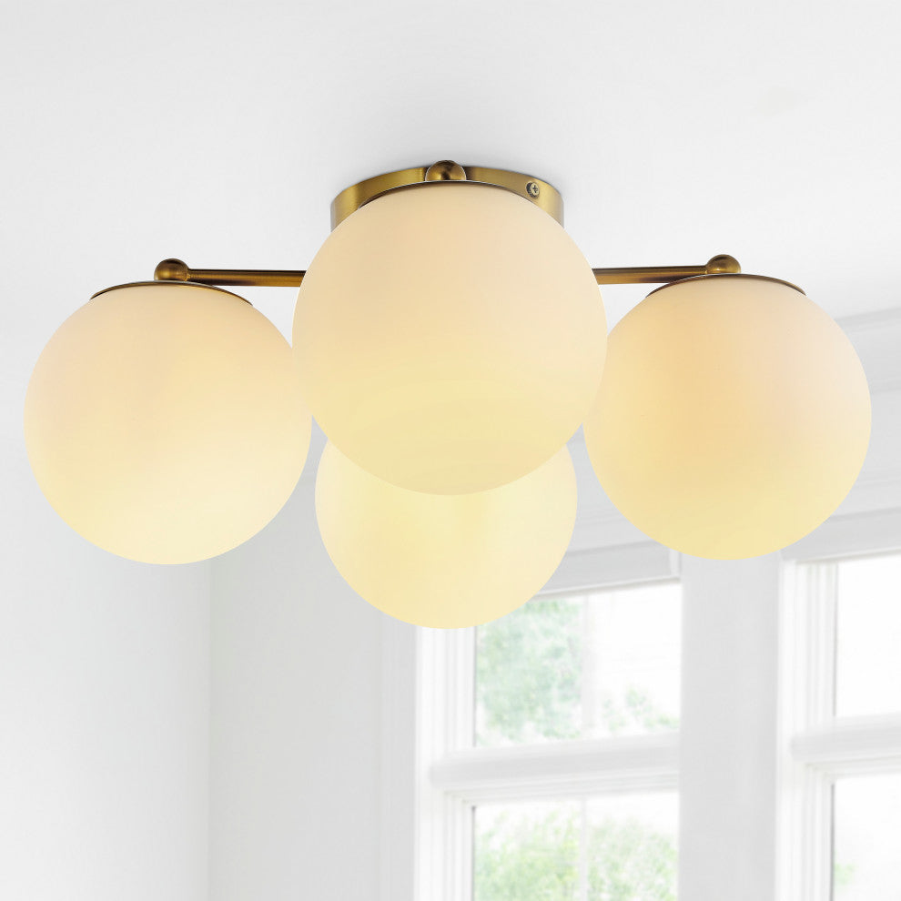 Orly 18" 4-Light Bohemian Farmhouse LED Semi Flush Mount, Brass Gold/White