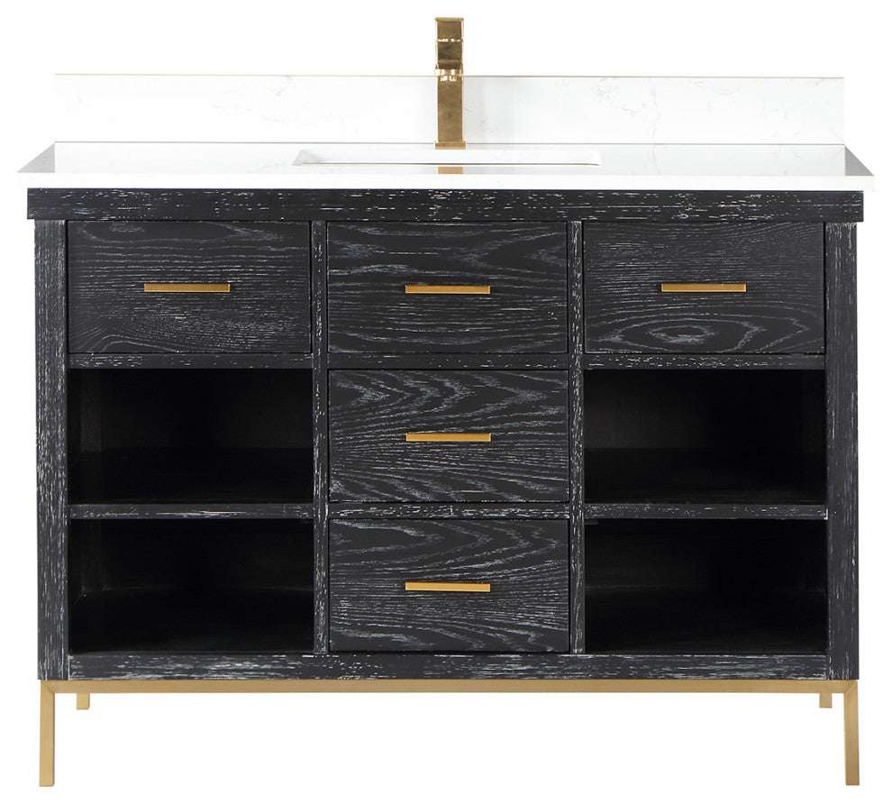 Kesia Black Oak Bathroom Vanity Set, 48", Without Mirror