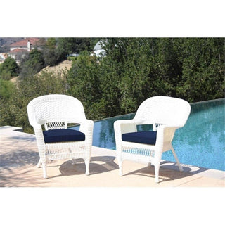 Pemberly Row Wicker / Rattan Chair with Cushion in White/Blue (Set of 2)