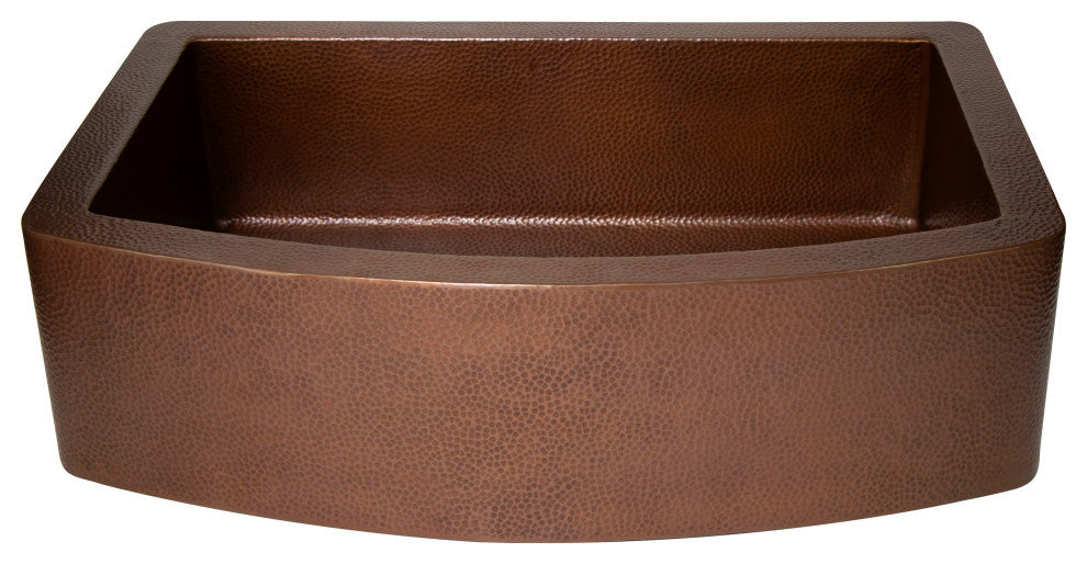 33" Farmhouse Single Bowl Round Apron Hammered Copper Kitchen Sink, 16 Gauge