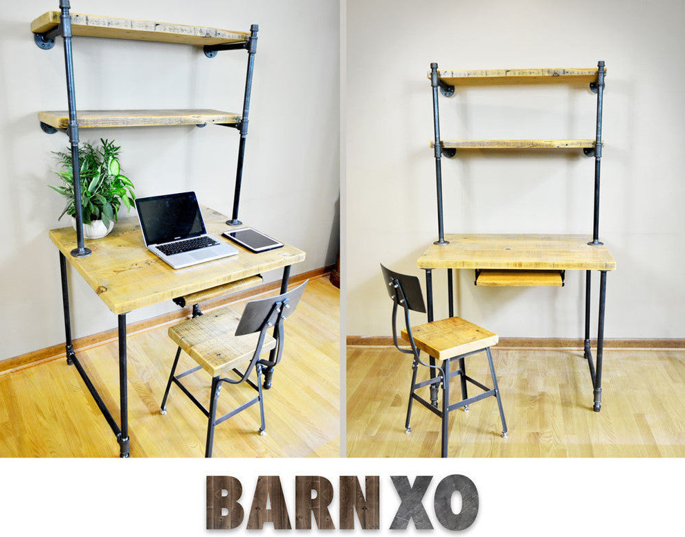 Salvaged Wooden Desk, Built, In Shelving Unit, Pipe Legs, 30x60x30, Natural Wood