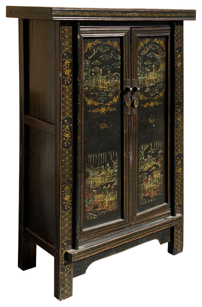 Chinese Vintage Distressed Color Scenery Graphic Dresser Cabinet Hcs7140