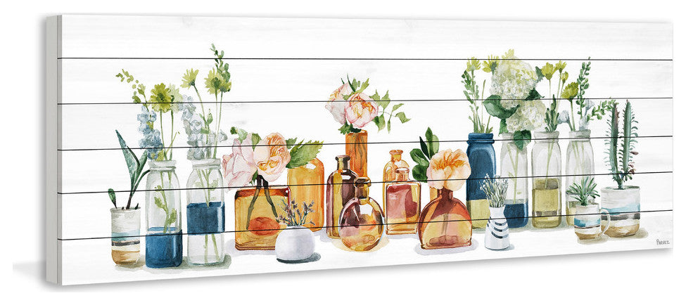 "Lined up Bottles II" Painting Print on White Wood, 60"x20"