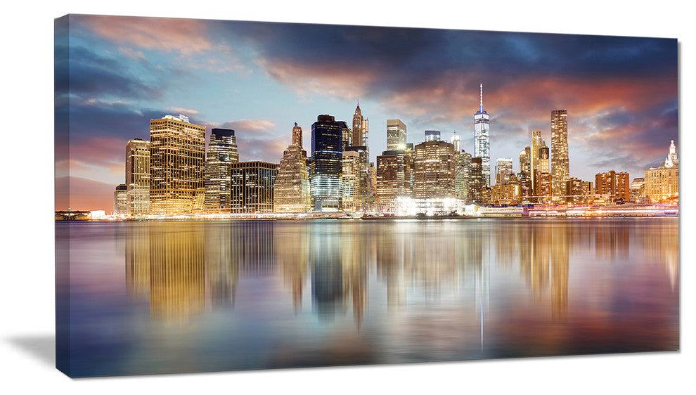 "New York Skyline at Sunrise With Reflection" Art, 32"x16"