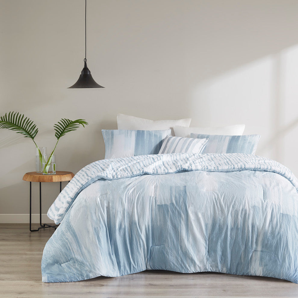 N Natori Reversible Brush Stroke, Blue, King, 4pc Comforter Set