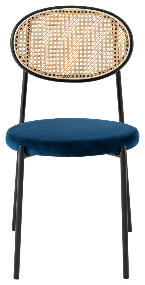 LeisureMod Euston Dining Chair With Wicker Back & Velvet Seat Set of 4, Navy Blue